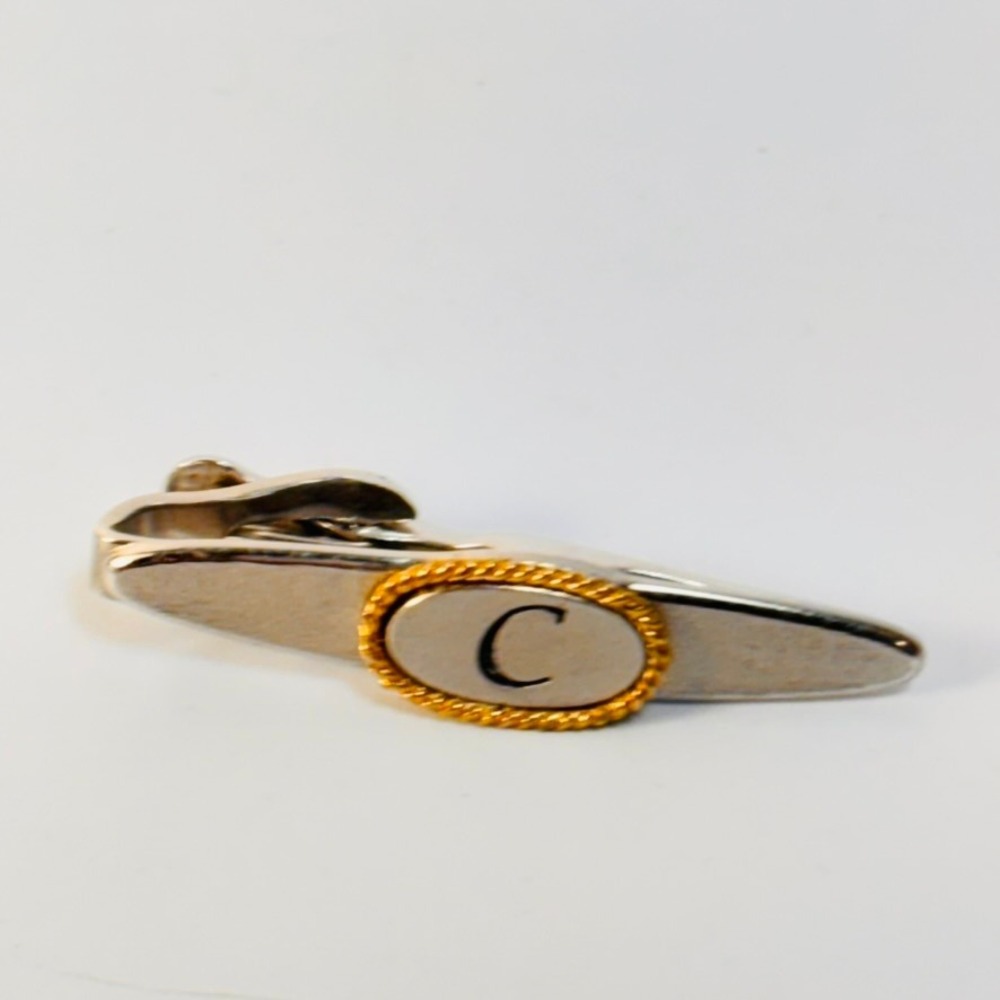 Swank Tie Clip‎ Silver Gold Two Tone Initial C Monogram Vintage Statement Preppy